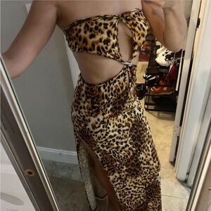Cheetah print Twist Front halter Tie up Backless dress with thigh splits